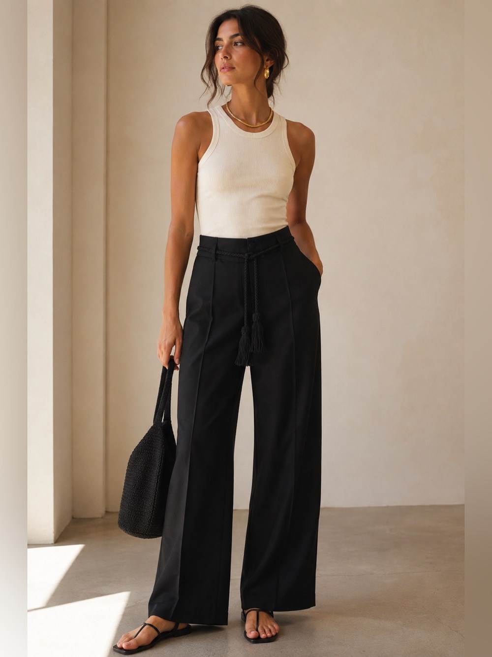POSSE Elspeth Trousers Black Tassel Pleat Front Wide Leg NWT S